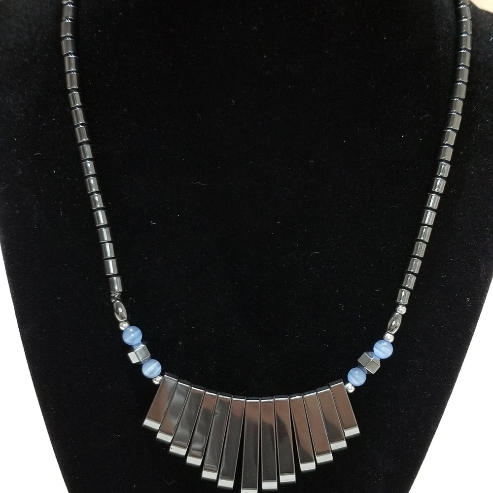 Hematite Metallic Necklace with Blue Cat Eye beads
